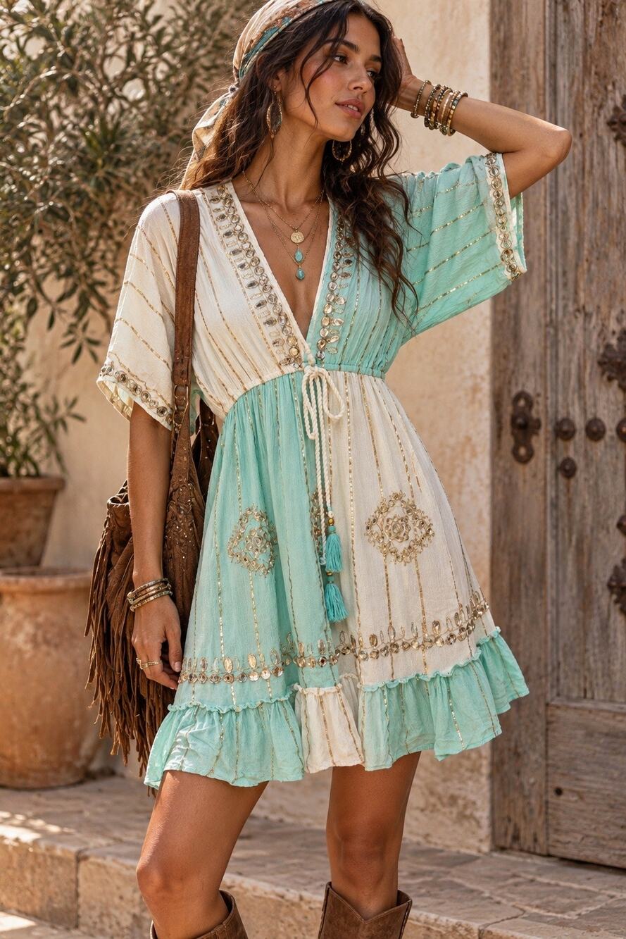Y2K Zury Embroidered Beaded Baby Doll Mini Dress Color Block Fairy Size Medium